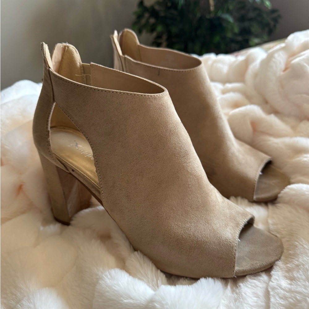 Open toe tan suede ankle booties
